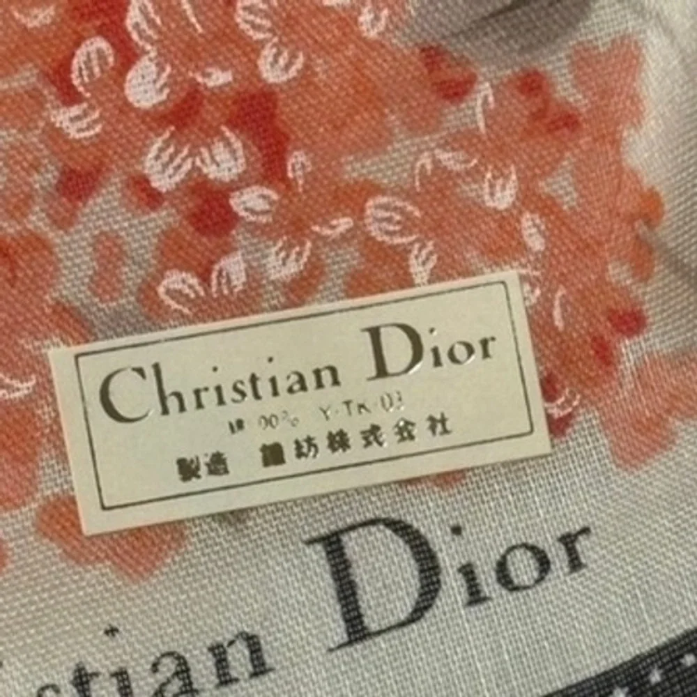 VTG CHRISTIAN DIOR Scarf Handkerchief Floral Polka Dot Cotton White Coral 18.5